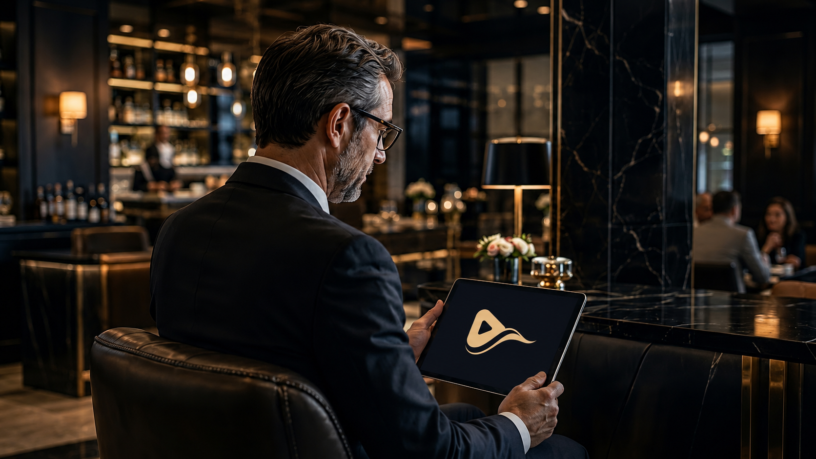 Hotel Executive Manager holding Tablet with Moodle Player Logo